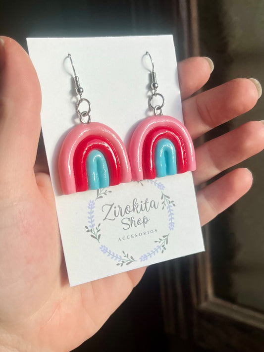 Pendientes arcoíris de arcilla polimérica, pendientes tricolor, accesorios para ella, pendientes de acero inoxidable, pendientes rosa.